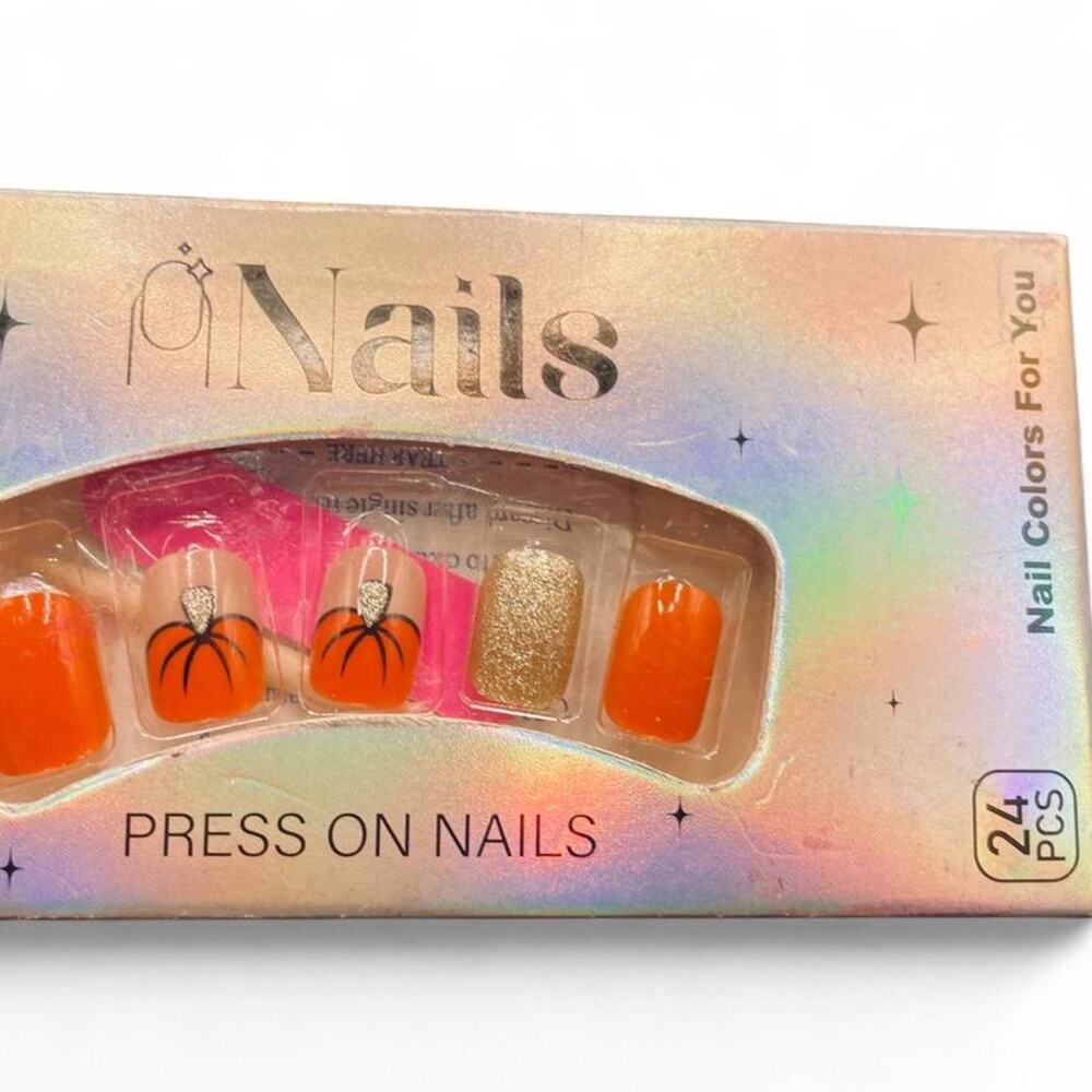 Nails Halloween Fall Thanksgiving Pumpkin Glitter Press On Nails Set 24